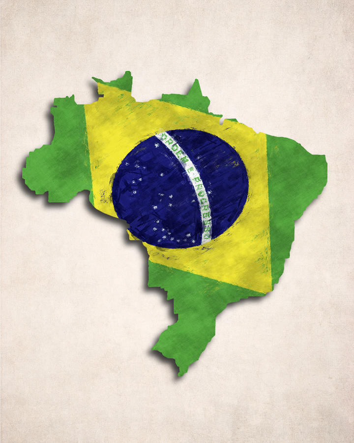 Soccer Digital Art - Brazil Map Art with Flag Design by World Art Prints And Designs