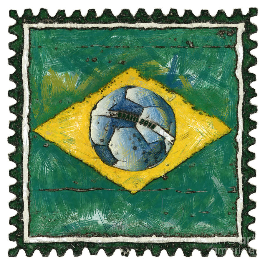 Brazilian flag with ball in grunge style Digital Art by Michal Boubin