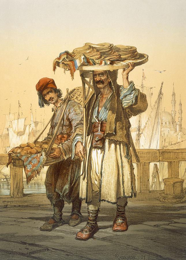 Turkey Drawing - Bread Sellers On The Quay, 1865 by Amadeo Preziosi
