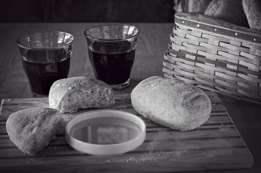 Bread Photograph - Bread Wine and Basket BW by Wayne Meyer