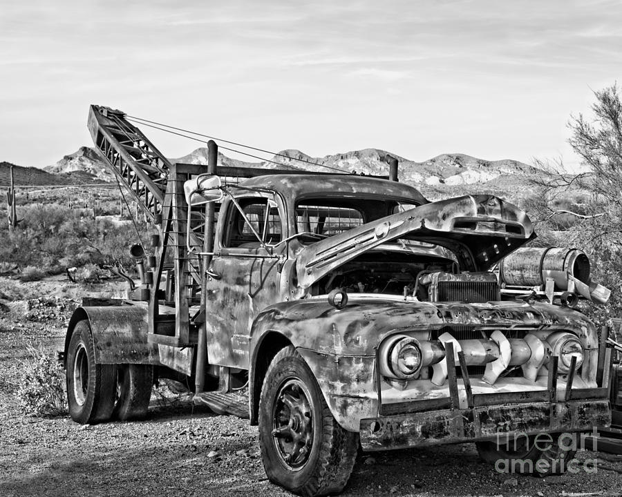 Vintage Photograph - Breakdown Truck in Black and White by Lee Craig
