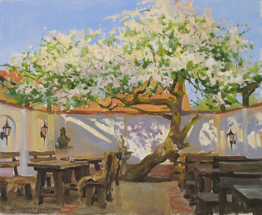Breakfast near an old apple tree Painting by Victoria Kharchenko