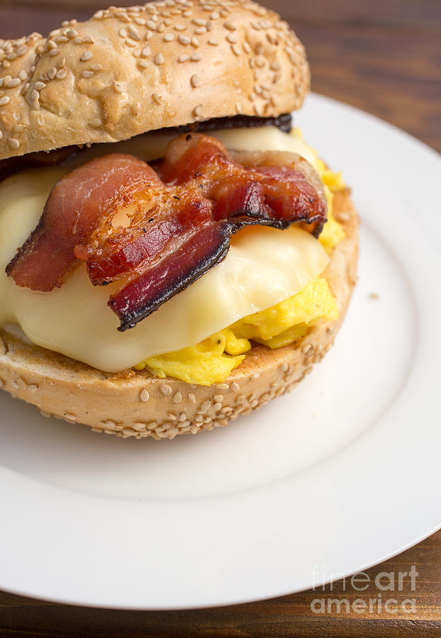 Breakfast sandwich of bacon egg cheese on a bagel Photograph by Edward Fielding