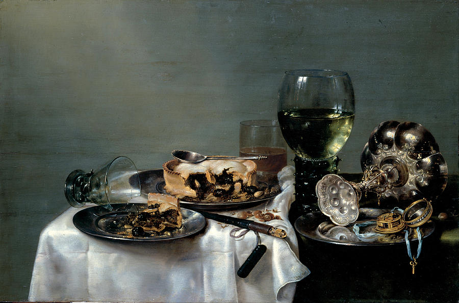 Breakfast Table with Blackberry Pie Painting by Willem Claeszoon Heda