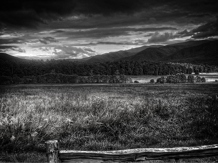 Mountain Photograph - Breaking Sun In Cades Cove in Black and White by Greg and Chrystal Mimbs
