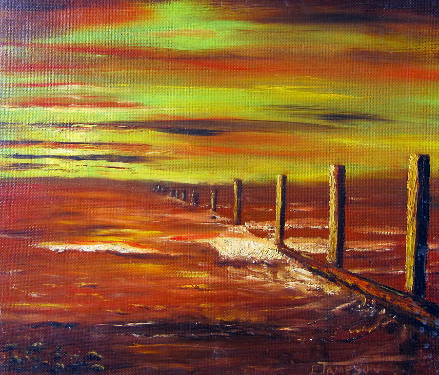 Seascape Painting - Breakwaters in the red sunset. by Errol  Jameson