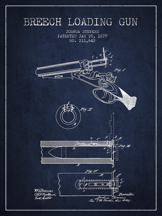 Vintage Digital Art - Breech Loading Shotgun Patent Drawing from 1879 - Navy Blue by Aged Pixel