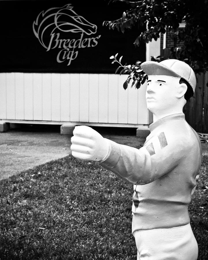 Black And White Photograph - Breeders Cup Lawn Jockey by Colleen Kammerer