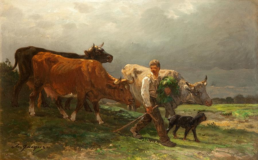 Cow Painting - Breton Lad With Cattle by Julius Caesar Ibbetson