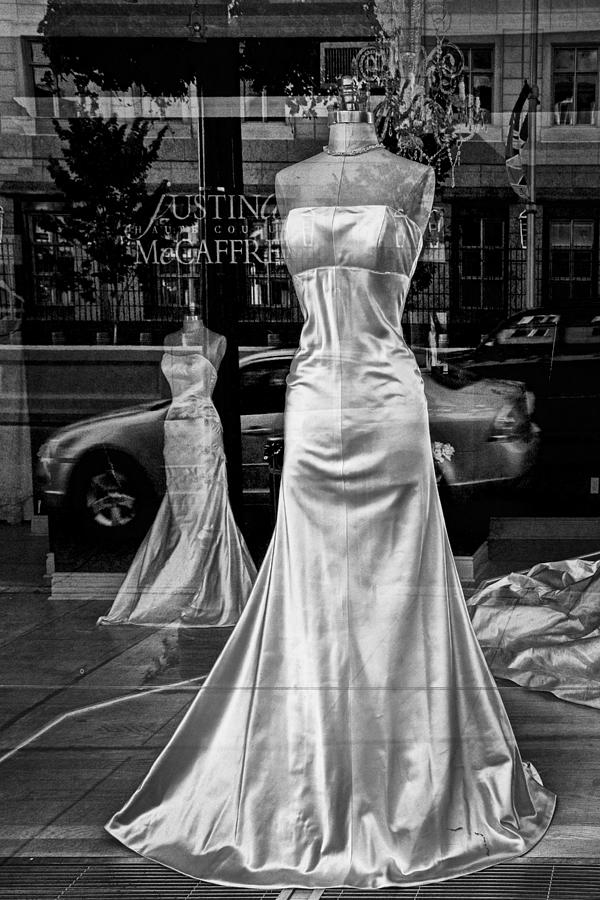 Bridal Dress Display Mannequins in storefront window in Black and White Photograph by Randall Nyhof