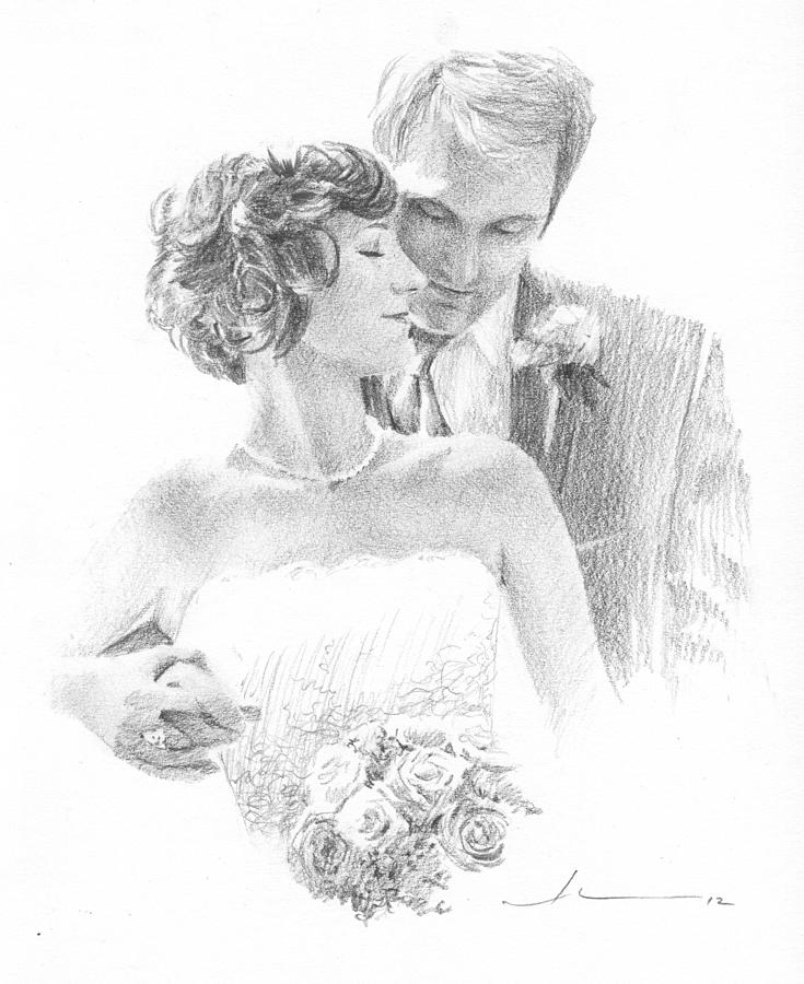 Bride And Groom Pencil Portrait Drawing by Mike Theuer