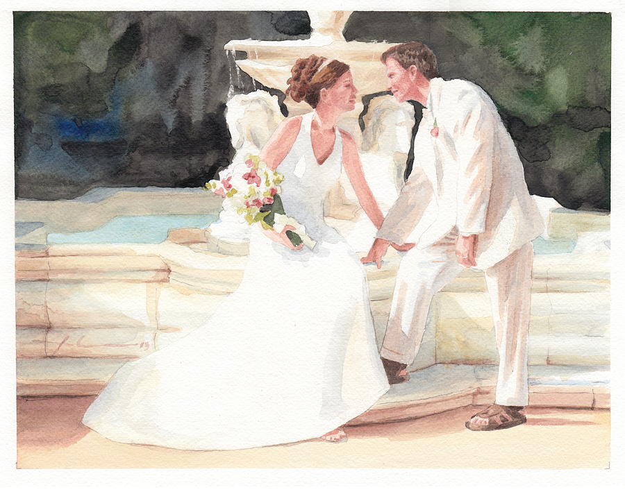 Bride Groom Fountain Watercolor Portrait Drawing By Mike Theuer