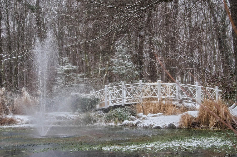 Bridge Across Pond During Winter Snowfall at Sayen Gardens Photograph by Beth Venner