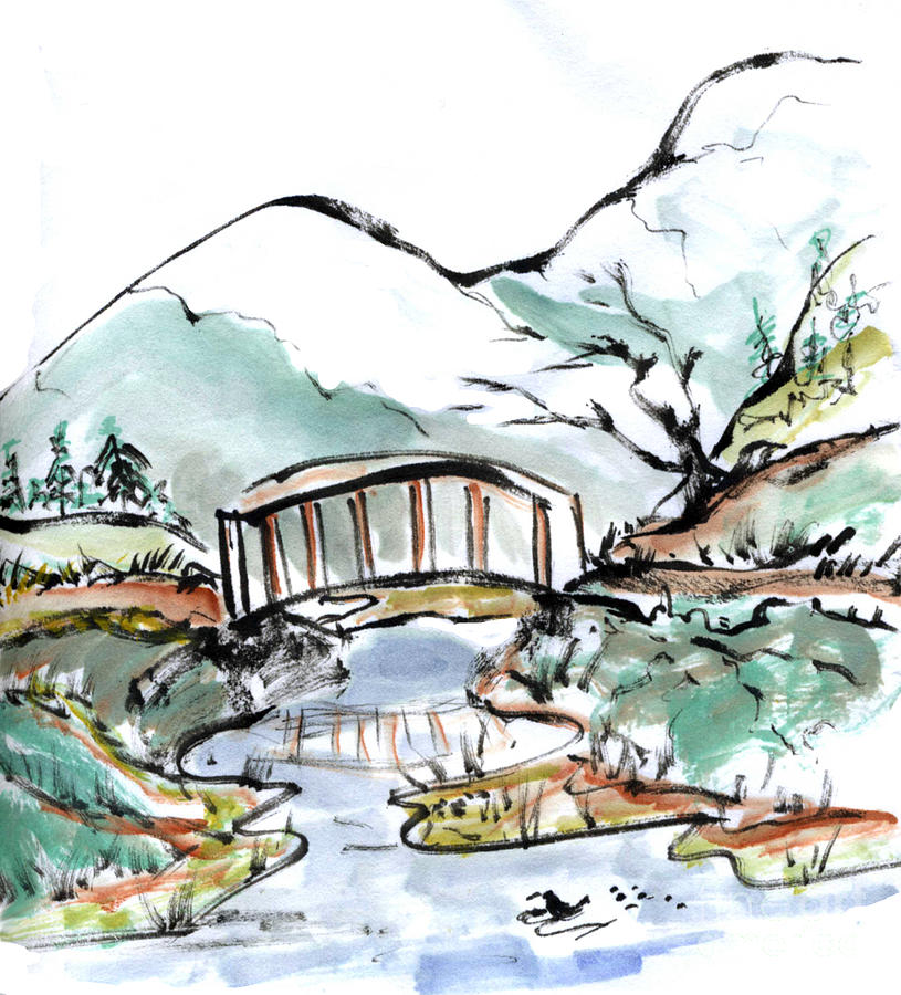 Bridge and Ducks in Slow Water Painting by Ellen Miffitt