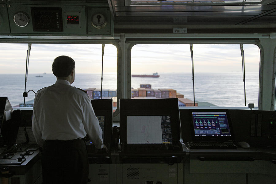 Bridge At A Containership With Captain Photograph by Hans-Peter Merten
