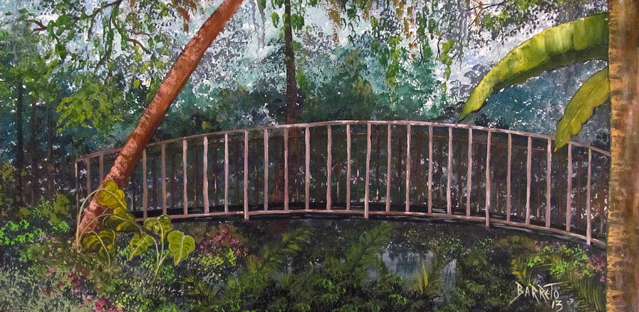 Bridge in the Garden Painting by Gloria E Barreto-Rodriguez