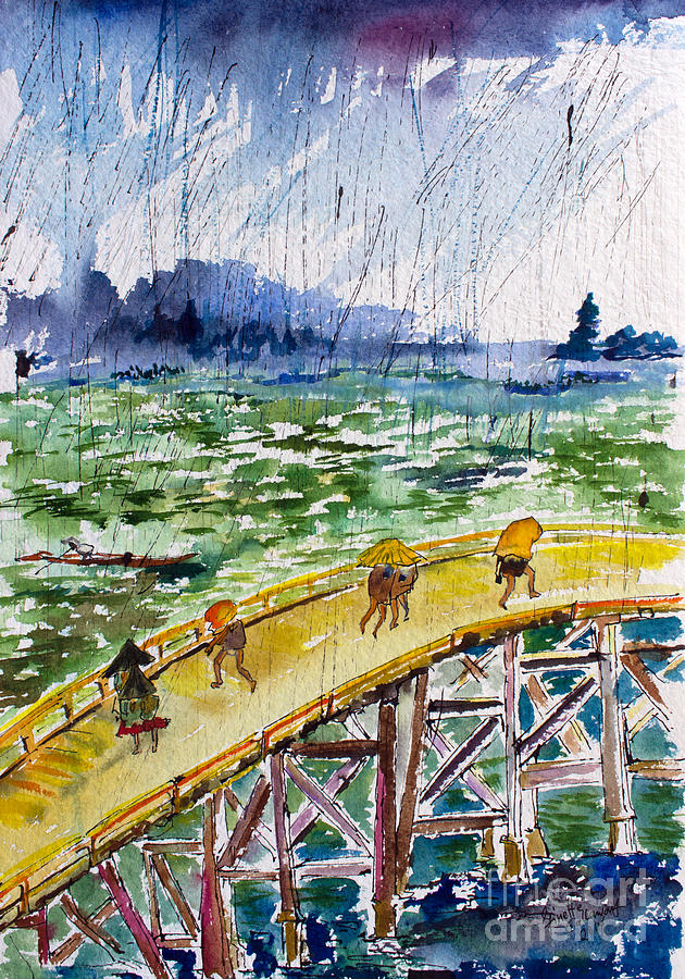 Bridge In The Rain after Van Gogh after Hiroshige Painting by Ginette Callaway