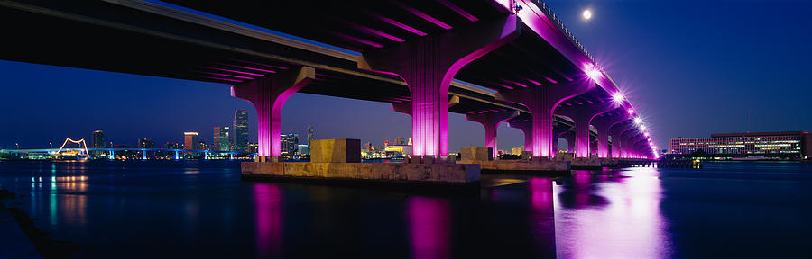 Miami Photograph - Bridge Lit Up Across A Bay, Macarthur by Panoramic Images