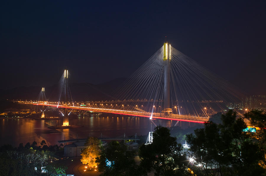 Architecture Photograph - Bridge Lit Up At Night, Ting Kau by Panoramic Images