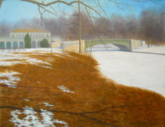 Winter Painting - Bridge over the icy lake by Erno Saller