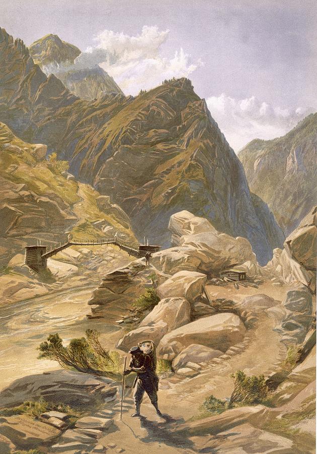 Mountain Drawing - Bridge Over The Sutlej At Wangtoo by William Crimea Simpson