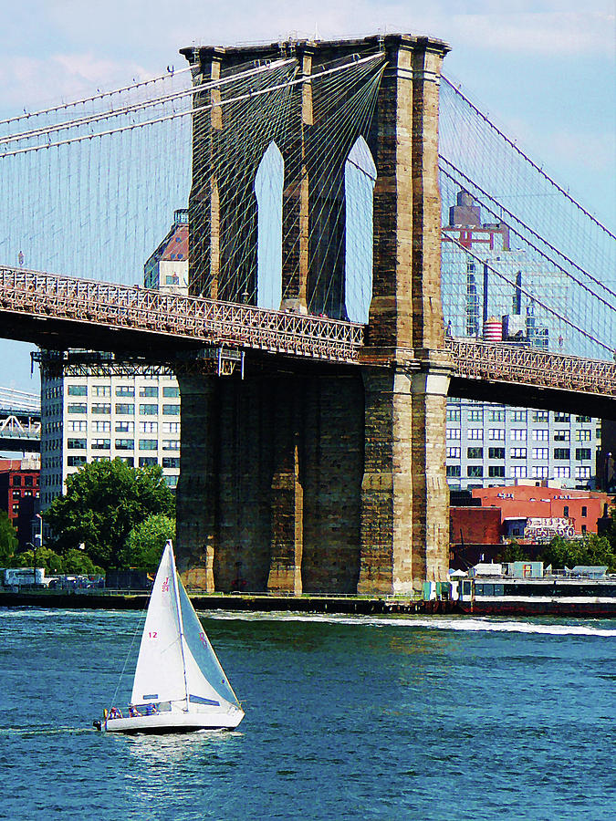 Boat Photograph - Bridge - Sailboat by the Brooklyn Bridge by Susan Savad