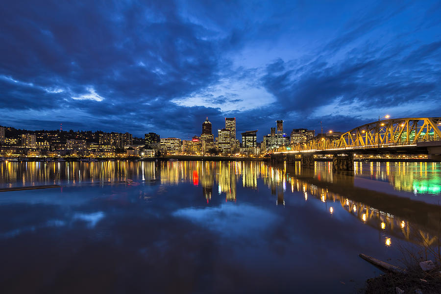 Portland Photograph - Bridge to Portland Downtown at Blue hour by Jit Lim