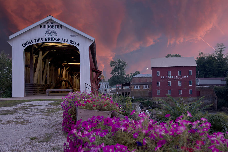 Flower Photograph - Bridgeton Mill an Covered Bridge by Randall Branham