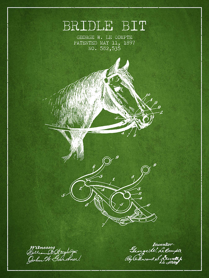 Horse Digital Art - Bridle Bit patent from 1897 - Green by Aged Pixel