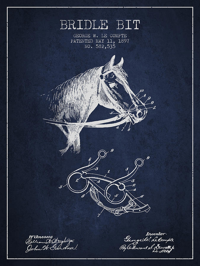 Horse Digital Art - Bridle Bit patent from 1897 - Navy Blue by Aged Pixel