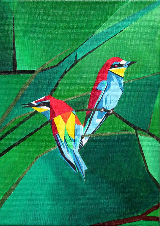 Brighly Colored European Bee-eaters Painting by Taiche Acrylic Art