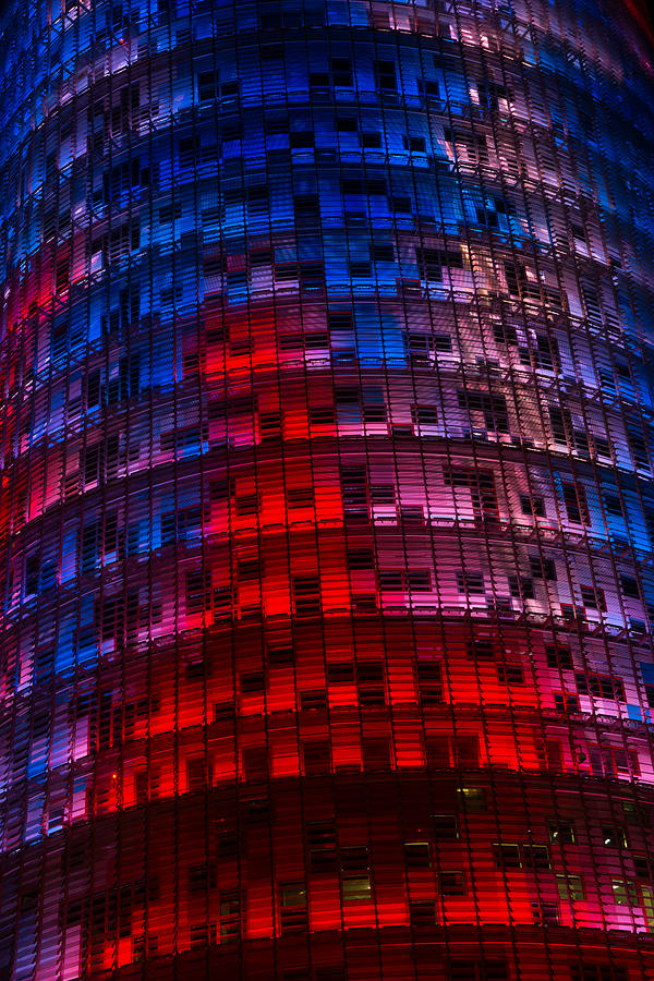 Bright Blue Red and Pink Illumination - Agbar Tower Barcelona Photograph by Georgia Mizuleva