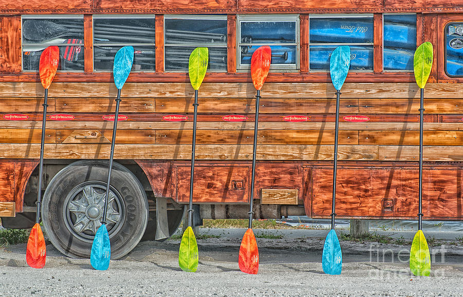 Cool Photograph - Bright Colored Paddles and Vintage Woodie Surf Bus - Florida - HDR Style by Ian Monk