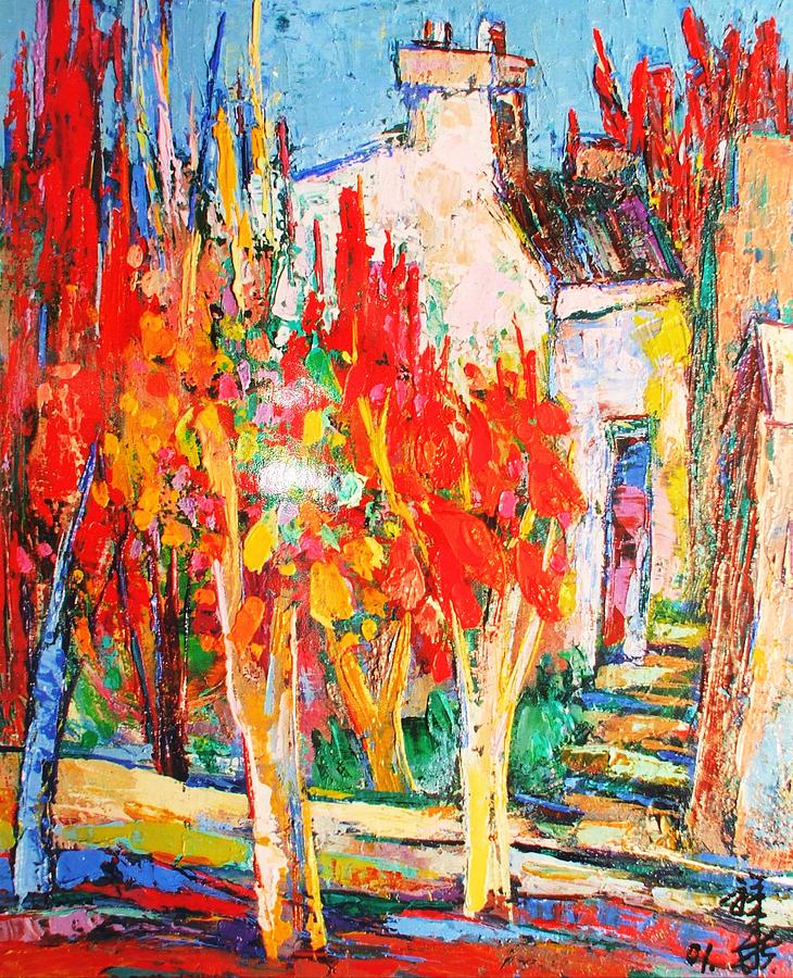 Autumn Painting - Bright red trees by Siang Hua Wang Autumn Painting - Bright red trees by Siang Hua Wang