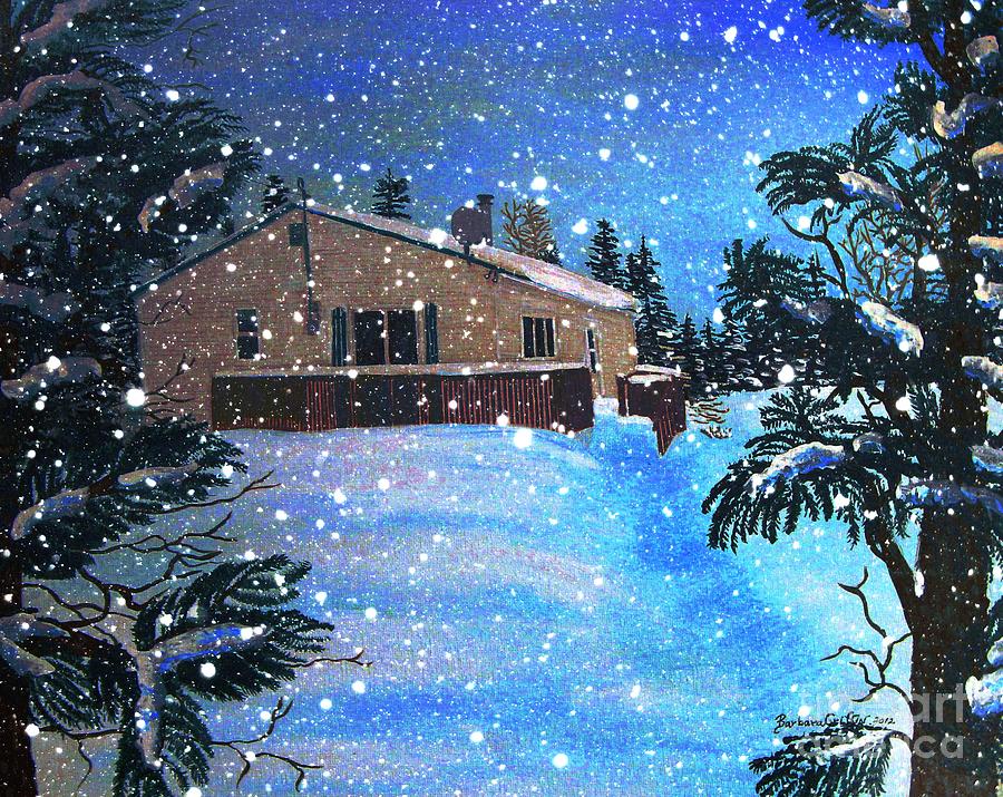 Bright Snowy Night at the Cabin Painting by Barbara A Griffin
