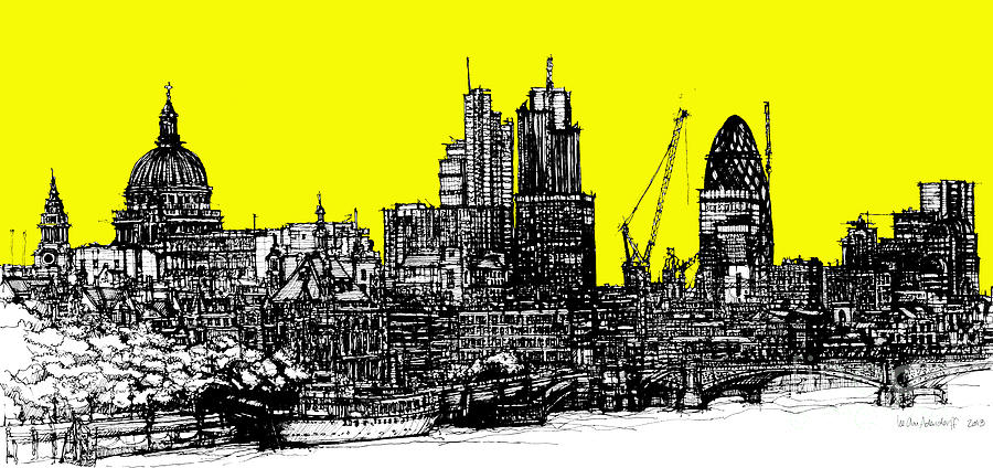 Dark Ink With Bright Yellow London Skies Drawing