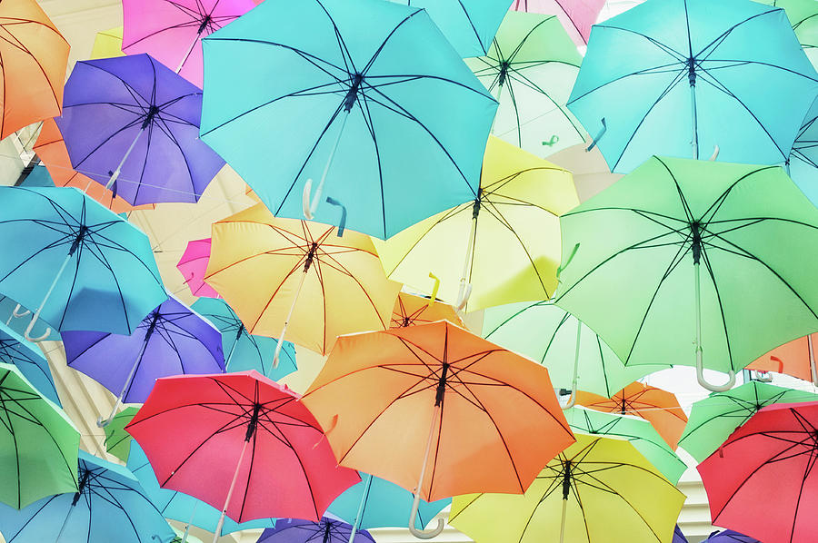 Brightly Coloured Umbrellas In The Sky Photograph by Sharon Lapkin