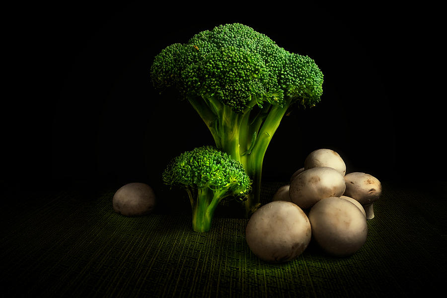 Broccoli Photograph - Broccoli Crowns and Mushrooms by Tom Mc Nemar