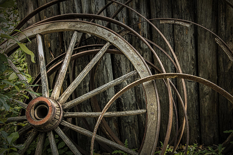 Landscape Photograph - Broken Wagon Wheel and Rims by Randall Nyhof