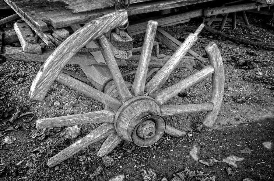 Transportation Photograph - Broken Wagon Wheel in Black and White by Greg and Chrystal Mimbs