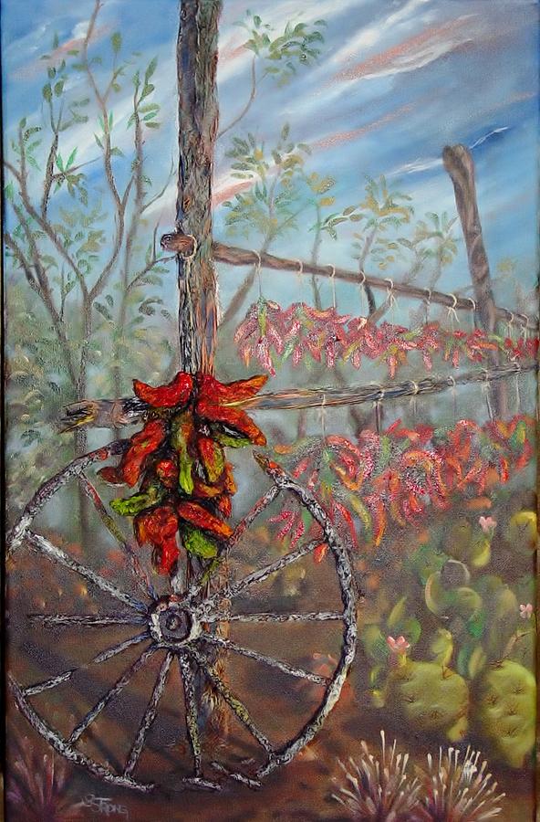 Broken Wheel and Chili Painting by Sherry Strong