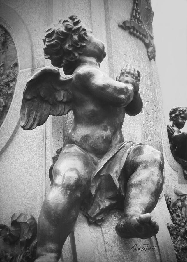 Black And White Photograph - Bronze Cherub in Black and White by Ann Powell