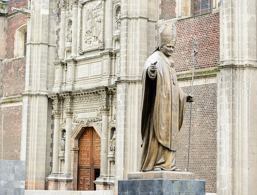 Bronze statue of Pope John Paul monument beside Old basilica in  Photograph by Marek Poplawski
