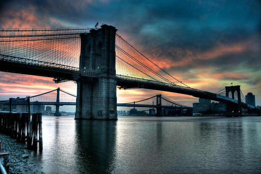 Brooklyn Bridge Photograph - Brooklyn and Manhattan Bridges - Rosy Fingered Dawn by Mark Garbowski