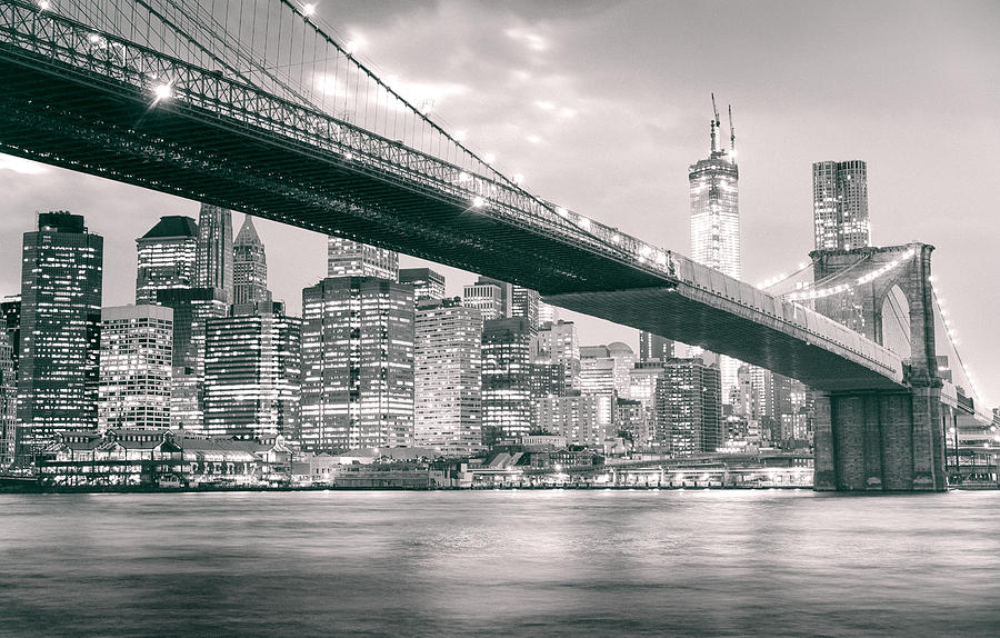 New York City Photograph - Brooklyn Bridge and New York City Skyline at Night by Vivienne Gucwa