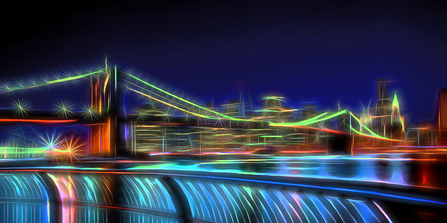 Brooklyn Bridge Neon Panoramic Photograph by David Smith