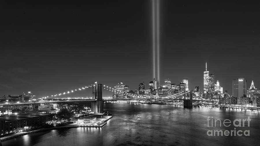 Statue Of Liberty Photograph - Brooklyn Bridge September 11 wide crop bnw by Michael Ver Sprill