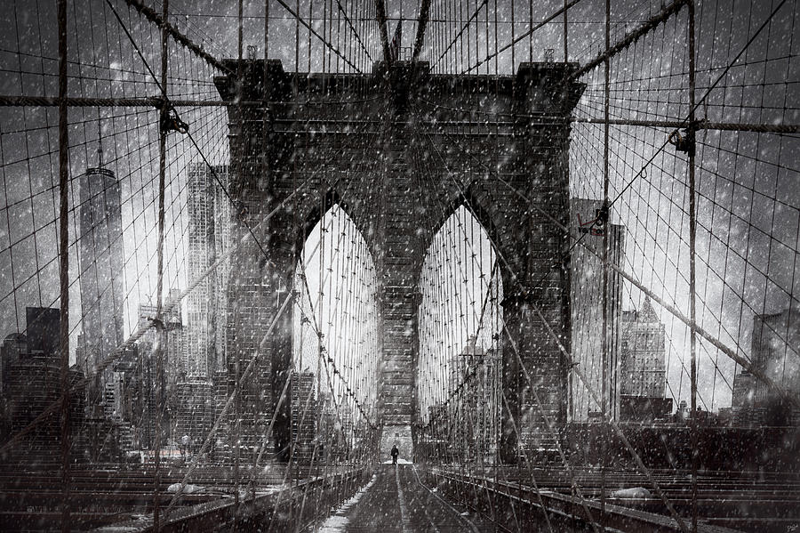 Black And White Photograph - Brooklyn Bridge Snow Day by Chris Lord