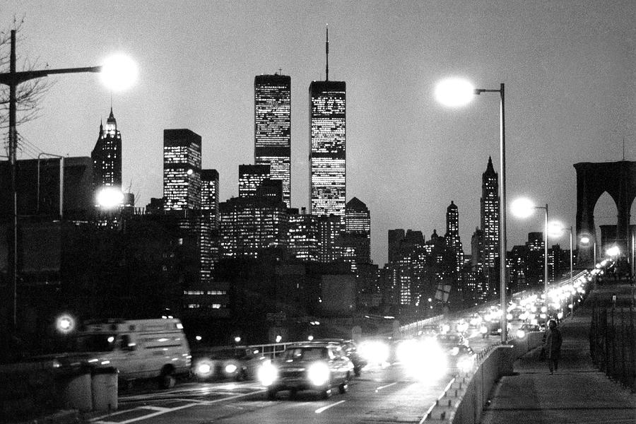 Brooklyn Bridge traffic II dusk 1980s Photograph by Gary Eason