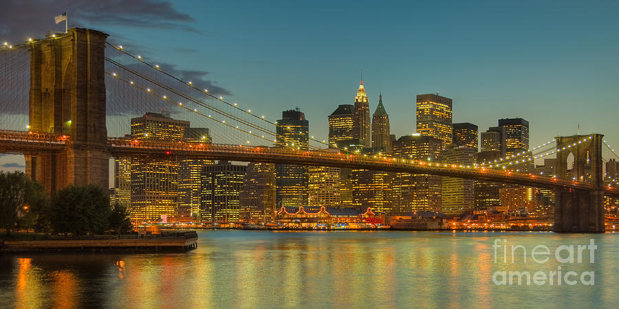 Brooklyn Bridge Twilight Panoramic Photograph by Clarence Holmes